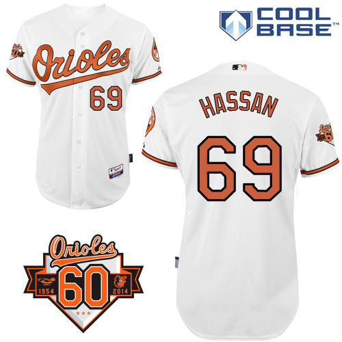 Alex Hassan #69 MLB Jersey-Baltimore Orioles Men's Authentic Home White Cool Base/Commemorative 60th Anniversary Patch Baseball Jersey